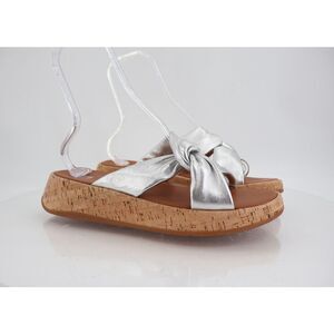 Fitflop Women's F-Mode Leather-Twist Flatform Slides Wedge Sandal Size 11 Silver